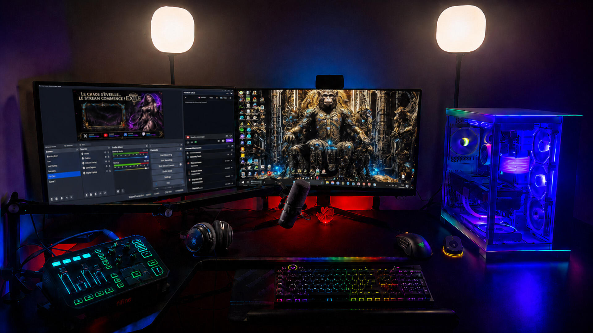 Setup gaming et streaming de MisterWalky avec double écran, PC RGB, microphone Shure SM7B et GoXLR.