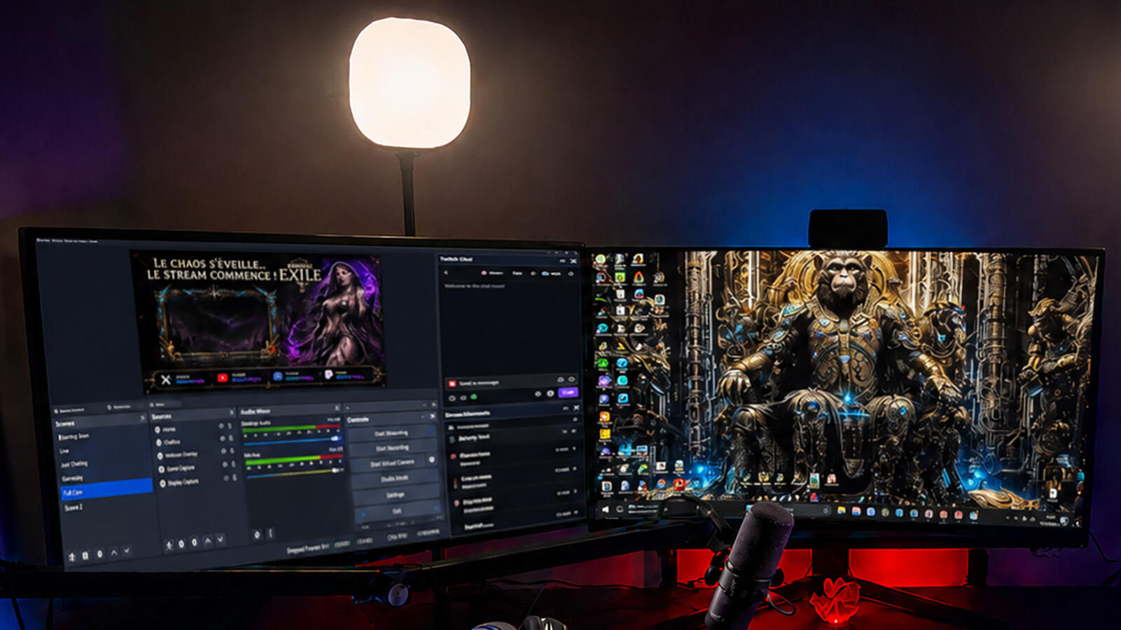 Double écran de 32 pouces, webcam Elgato Facecam Pro et éclairage du setup de streaming de MisterWalky.